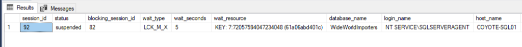 Resultado de la query mostrando sesiones bloqueadas con wait_type LCK_M_X]